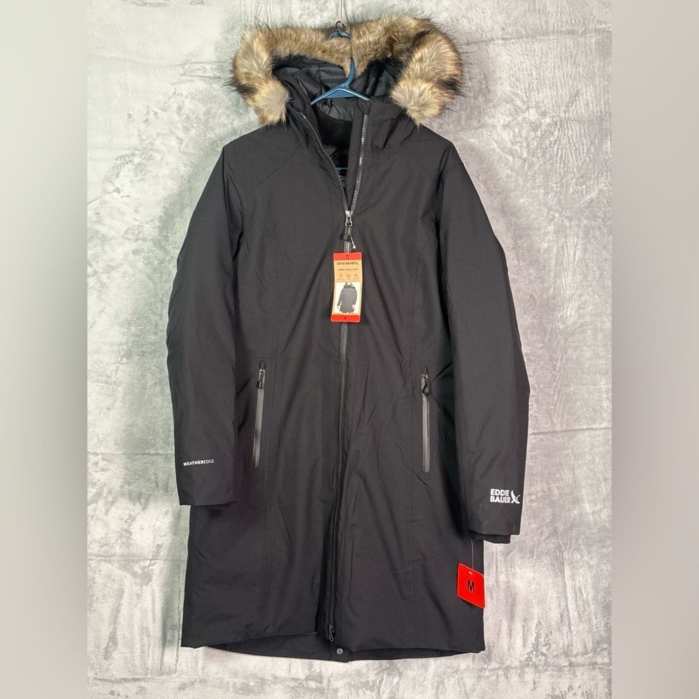NEW Nwt Eddie Bauer Black Hood Full Zip 650 Down Filled Parka Jacket Size Medium
